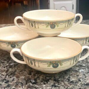 Set of 4 Vintage Double Handle Floral Cream Soup Bowls: Gold Trim England